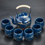 Service à thé en céramique japonais avec théière avec filtre inox et 6 tasses - Bleu, Montagnes et Arbres