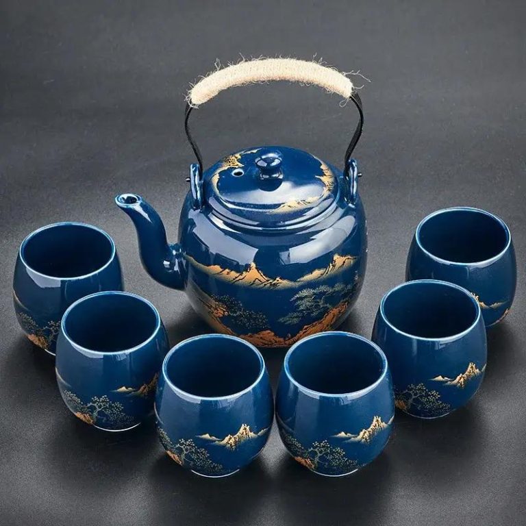 Service à thé en céramique japonais avec théière avec filtre inox et 6 tasses - Bleu, Montagnes et Arbres
