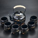 Service à thé en céramique japonais avec théière avec filtre inox et 6 tasses - Noir, Montagnes et Arbres