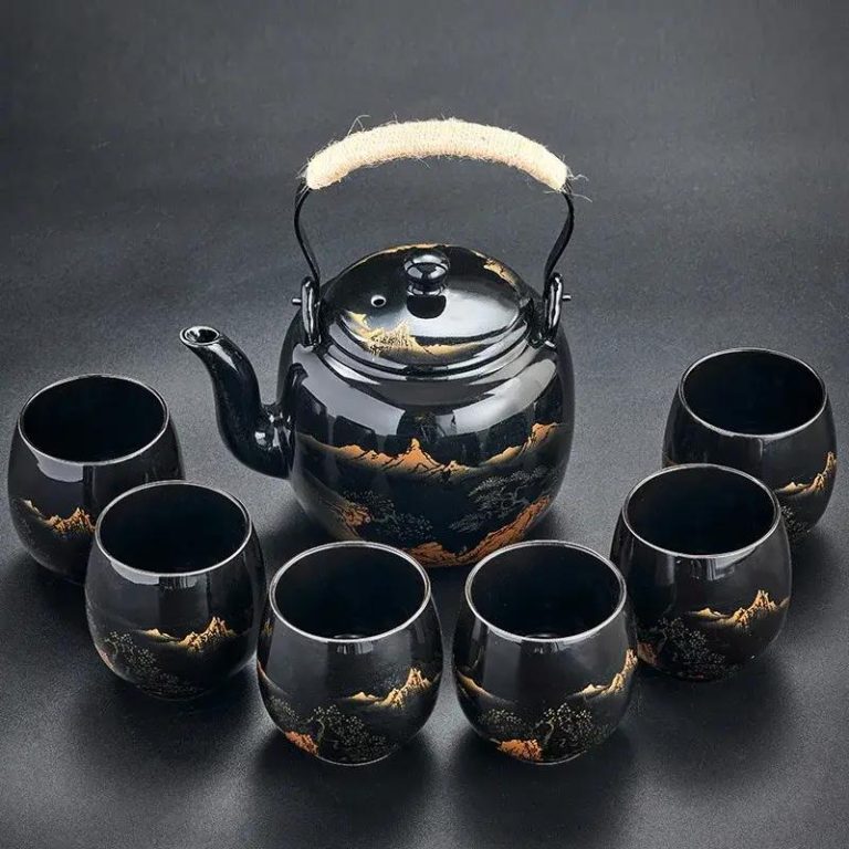 Service à thé en céramique japonais avec théière avec filtre inox et 6 tasses - Noir, Montagnes et Arbres
