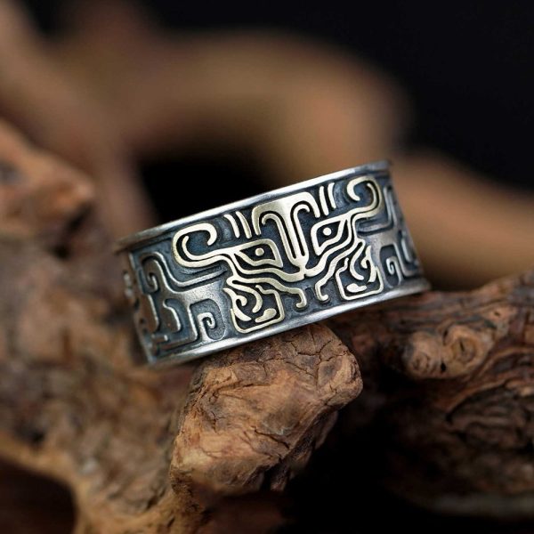 Bague réglable large à arabesques géométriques oxydées style vintage