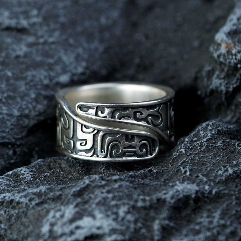 Bague-reglable-large-a-arabesques-geometriques-oxydees-style-vintage-picture-2