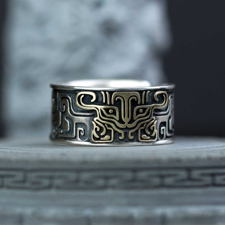 Bague-reglable-large-a-arabesques-geometriques-oxydees-style-vintage-picture-3