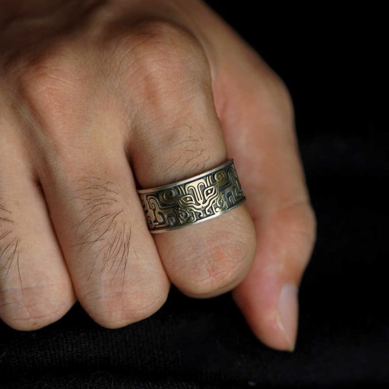 Bague-reglable-large-a-arabesques-geometriques-oxydees-style-vintage-picture-4