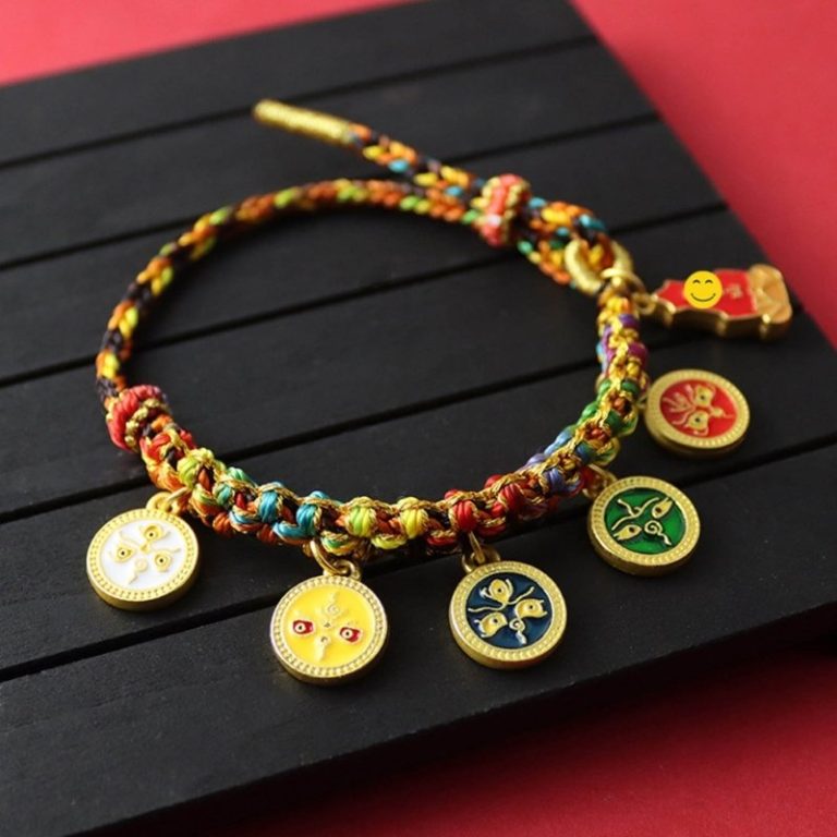 Bracelet-porte-bonheur-tibetain-tresse-multicolore-a-medaillons-dores-emailles-picture-3