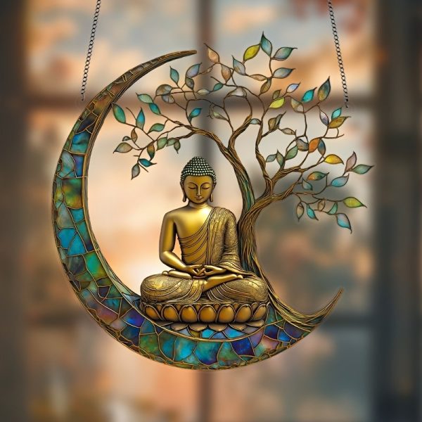 Décoration murale de Bouddha sous un arbre de vie avec croissant de lune vitrail