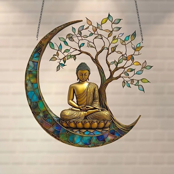 Decoration-murale-de-Bouddha-sous-un-arbre-de-vie-avec-croissant-de-lune-vitrail-picture-2