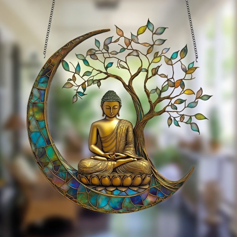 Decoration-murale-de-Bouddha-sous-un-arbre-de-vie-avec-croissant-de-lune-vitrail-picture-3