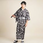 Kimono traditionnel japonais en polyester noir à motifs de bambou blanc avec ceinture obi