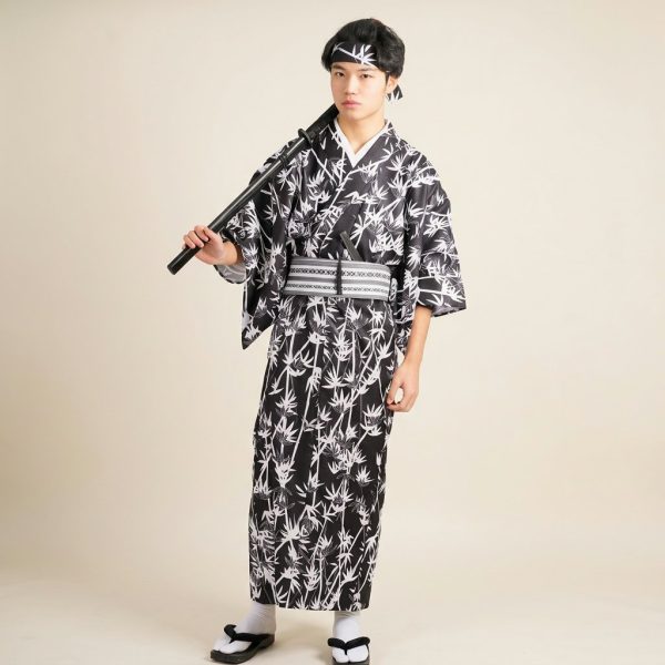Kimono traditionnel japonais en polyester noir à motifs de bambou blanc avec ceinture obi