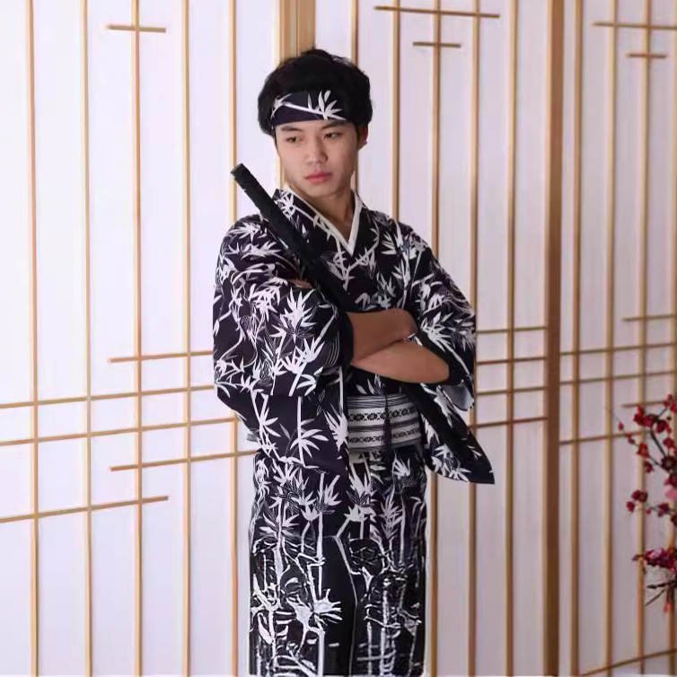 Kimono traditionnel japonais en polyester noir à motifs de bambou blanc avec ceinture obi