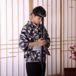 Kimono traditionnel japonais en polyester noir à motifs de bambou blanc avec ceinture obi
