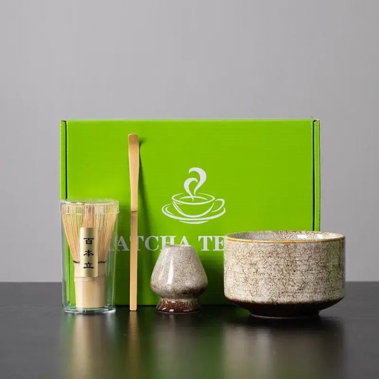 Kit thé matcha japonais avec chawan et chasen en bambou, coffret cadeau céramique émaillée - Beige naturel moucheté