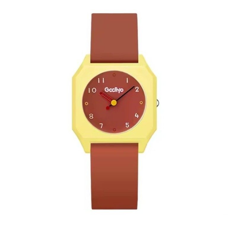 Montre à quartz au boîtier carré minimaliste et cadran rond avec aiguilles contrastées - Marron avec Cadran Marron