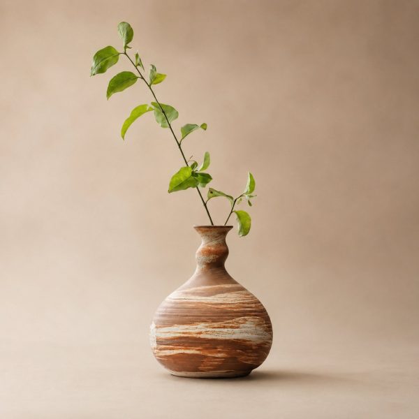 Petit vase en céramique artisanale de forme bulbeuse avec col et stries