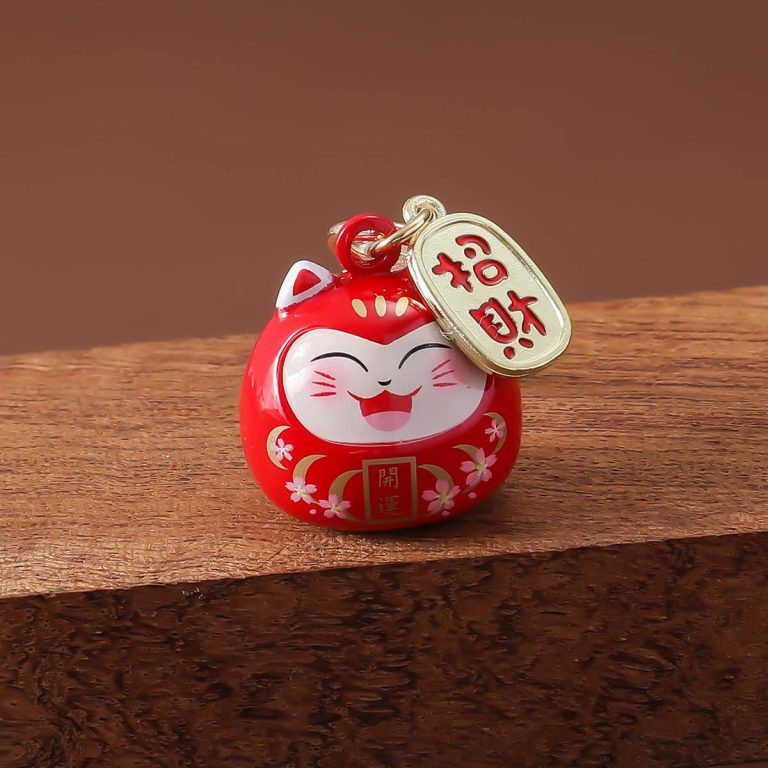 Porte-cle-maneki-neko-daruma-en-email-avec-clochette-doree-et-motifs-floraux-picture-6