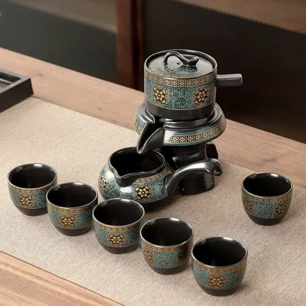 Service à thé japonais céramique avec mécanisme rotatif et motifs géométriques dorés