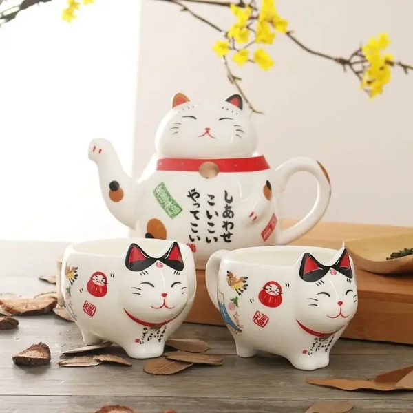 Service à thé japonais en porcelaine fine en forme de chat Maneki-neko avec filtre intégré