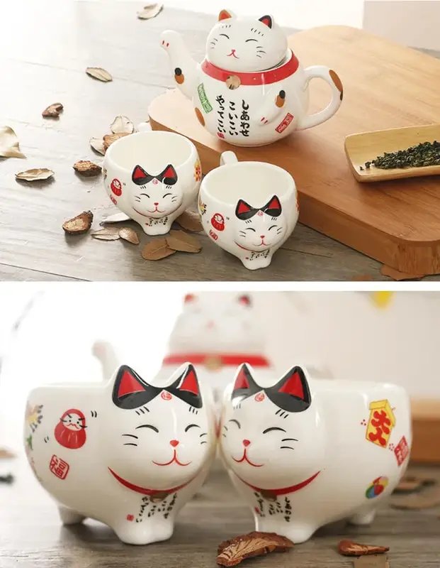 Service-a-the-japonais-en-porcelaine-fine-en-forme-de-chat-Maneki-neko-avec-filt-picture-3
