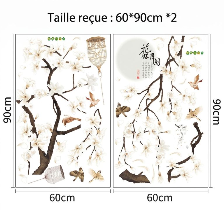 Sticker mural cerisier japonais avec oiseaux en vol et cages décoratives suspendues