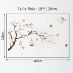 Sticker mural cerisier japonais avec oiseaux en vol et cages décoratives suspendues