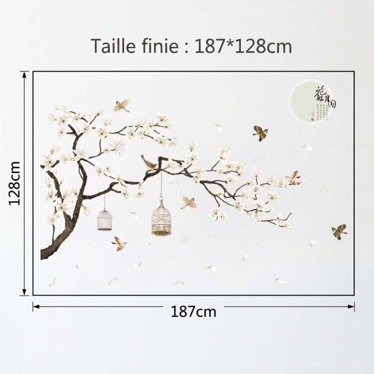 Sticker mural cerisier japonais avec oiseaux en vol et cages décoratives suspendues