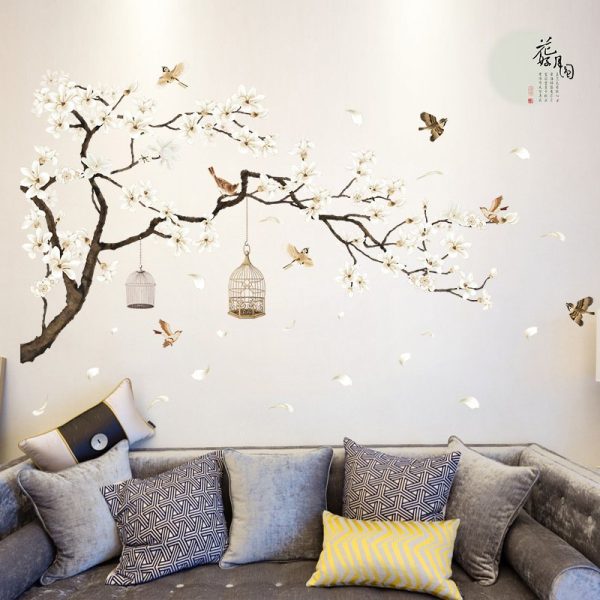 Sticker mural cerisier japonais avec oiseaux en vol et cages décoratives suspendues