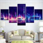 Tableau-a-Tokyo-en-5-panneaux-skyline-nocturne-futuriste-avec-reflet-dans-leau-picture-1
