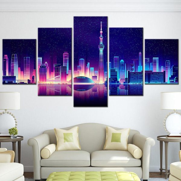 Tableau à Tokyo en 5 panneaux, skyline nocturne futuriste avec reflet dans l'eau
