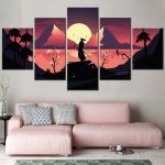 Tableau-japonais-paysage-en-5-panneaux-avec-samourai-et-cerisiers-en-fleurs-picture-1
