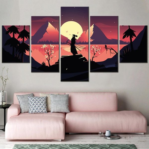Tableau japonais paysage en 5 panneaux avec samouraï et cerisiers en fleurs