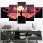 Tableau-japonais-paysage-en-5-panneaux-avec-samourai-et-cerisiers-en-fleurs-picture-2