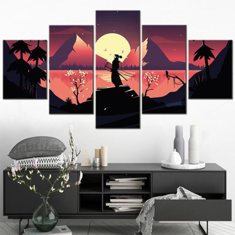 Tableau-japonais-paysage-en-5-panneaux-avec-samourai-et-cerisiers-en-fleurs-picture-2
