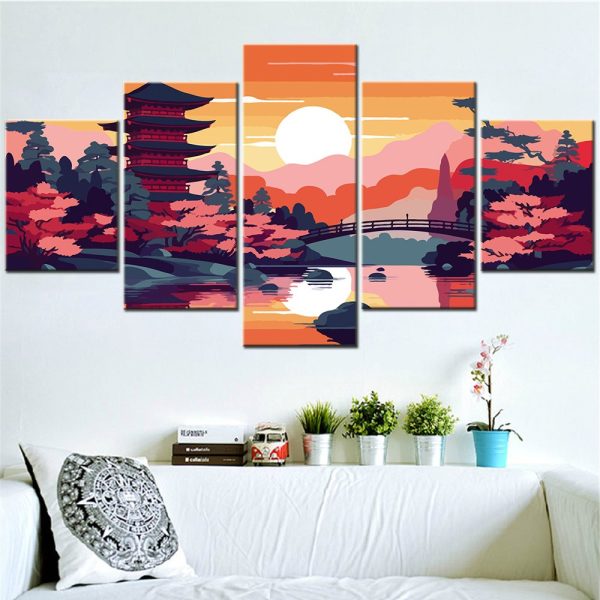 Tableau mural modulable en toile de 5 panneaux avec pagode japonaise et cerisiers au coucher de soleil