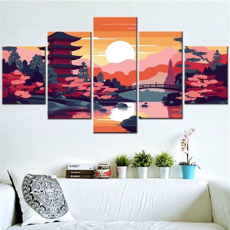 Tableau-mural-modulable-en-toile-de-5-panneaux-avec-pagode-japonaise-et-cerisier-picture-1