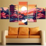Tableau-mural-modulable-en-toile-de-5-panneaux-avec-pagode-japonaise-et-cerisier-picture-2