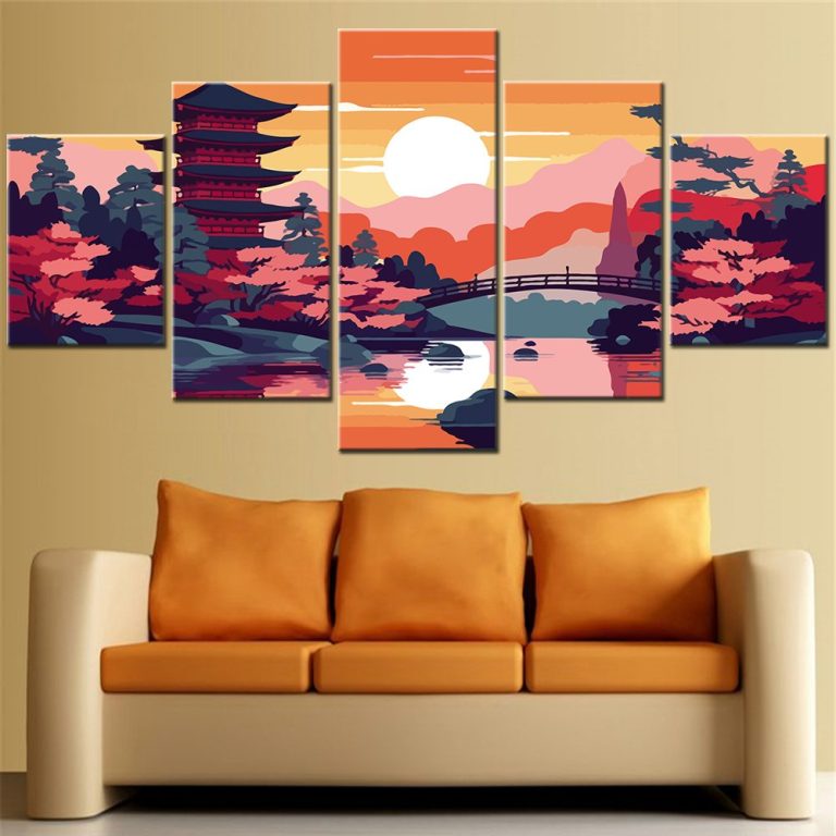 Tableau-mural-modulable-en-toile-de-5-panneaux-avec-pagode-japonaise-et-cerisier-picture-2