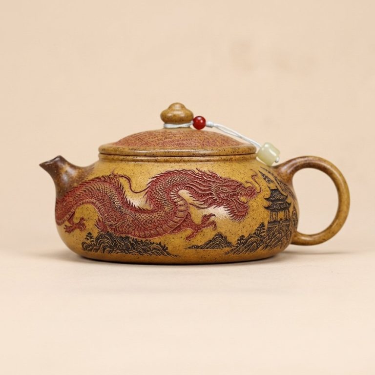 Théière Yixing artisanale en terre cuite avec décor de dragon rouge et pagode