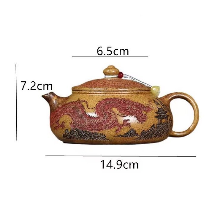 Théière Yixing artisanale en terre cuite avec décor de dragon rouge et pagode