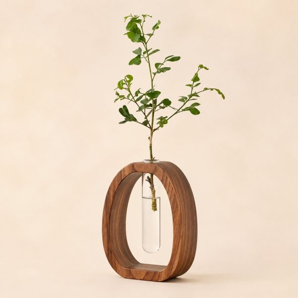 Vase soliflore design en bois de noyer avec tube en verre, style minimaliste art déco
