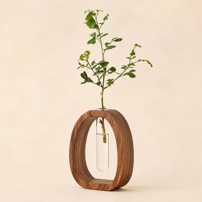 Vase soliflore design en bois de noyer avec tube en verre, style minimaliste art déco