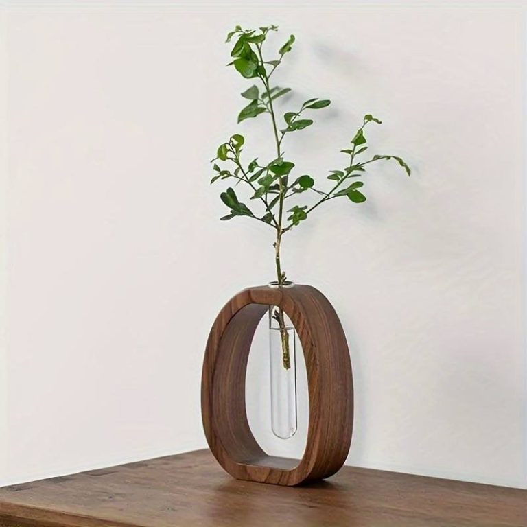Vase soliflore design en bois de noyer avec tube en verre, style minimaliste art déco