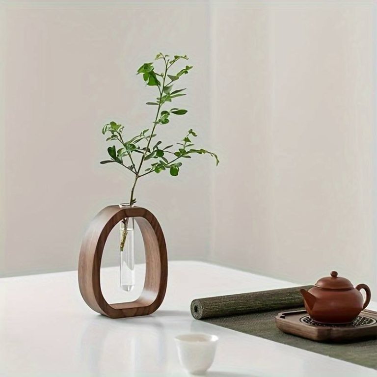 Vase soliflore design en bois de noyer avec tube en verre, style minimaliste art déco