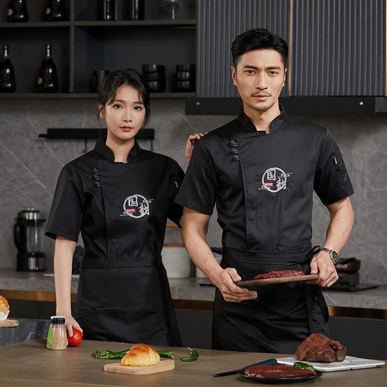 Veste-de-cuisine-professionnelle-a-manches-courtes-avec-col-montant-et-broderie-picture-4