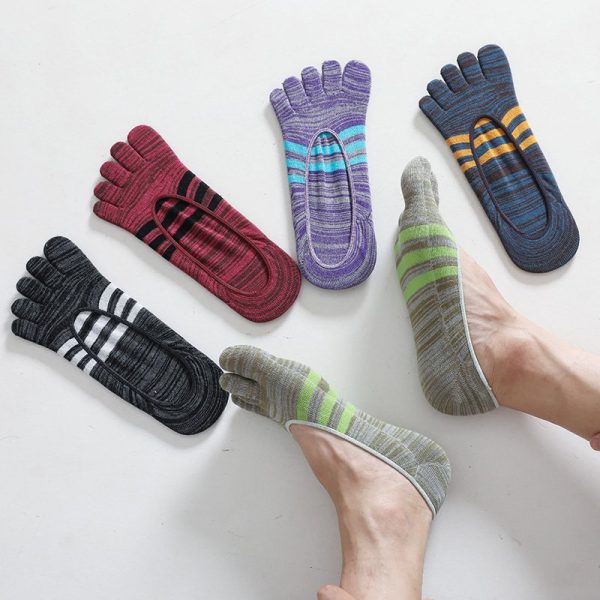 5 paires de chaussettes d'été invisibles pour hommes, en coton, rayures colorées, fines, douces, bouche peu profonde, respirantes, déodorantes, 5 doigts