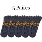 5 paires de chaussettes d'été invisibles pour hommes, en coton, rayures colorées, fines, douces, bouche peu profonde, respirantes, déodorantes, 5 doigts - Bleu, 39-45