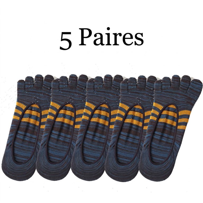 5 paires de chaussettes d'été invisibles pour hommes, en coton, rayures colorées, fines, douces, bouche peu profonde, respirantes, déodorantes, 5 doigts - Bleu, 39-45