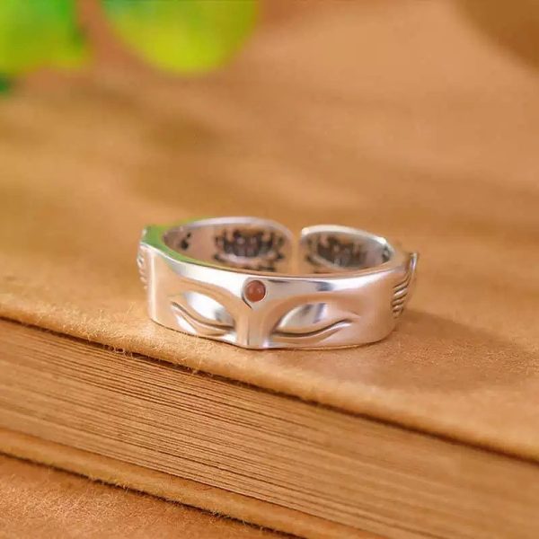Bague Bouddha en argent ajustable avec cristal et gravure de lotus