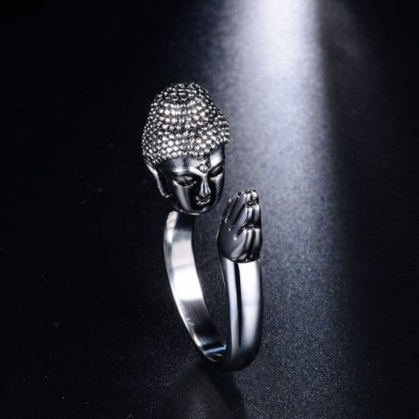 Bague bouddha en argent pour homme ajustable en alliage avec tête sculptée en prière
