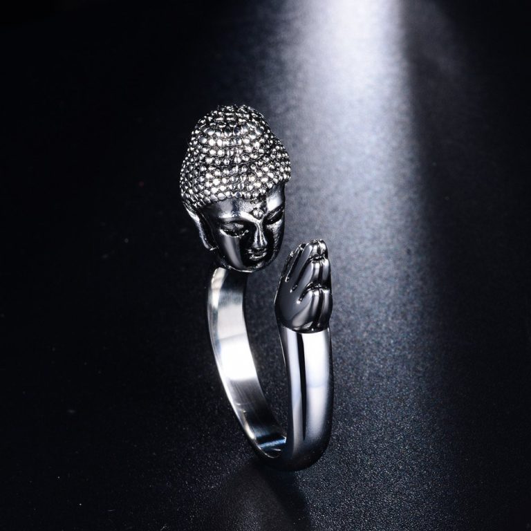 Bague bouddha en argent pour homme ajustable en alliage avec tête sculptée en prière